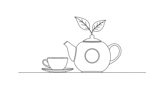 Elegant line art illustration of a teapot and teacup on a surface simple black and white design
