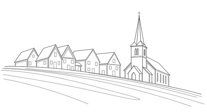 Detailed black and white sketch of a historic european village with a prominent church steeple
