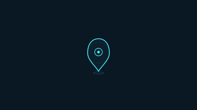 Abstract blue glowing location pin icon on dark background. A minimalistic digital representation of a map marker