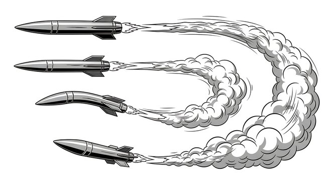 Vintage engraving of multiple rockets launching with trails of smoke and fire historical illustration