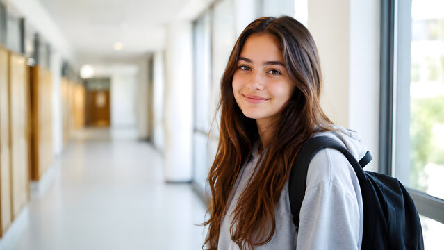 Cheerful teenage girl student with long brown hair smiling in a bright school hallway while carrying a black backpack between classes at college