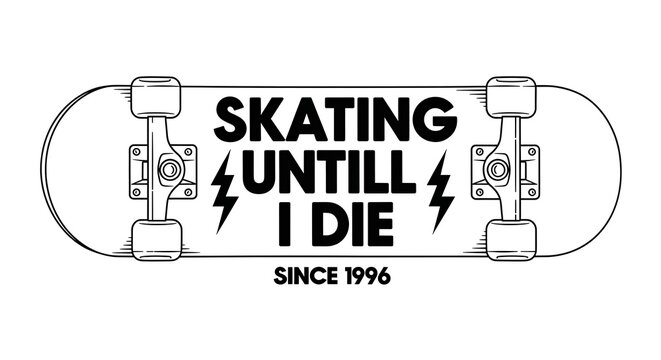 Black and white illustration of a skateboard with bold lettering and a vintage aesthetic