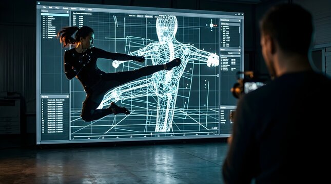 Motion capture stunt performer jumping in front of a digital wireframe screen