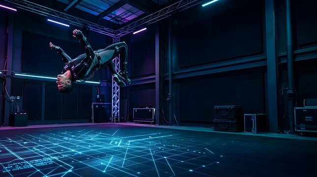 Motion capture stuntman performing mid air flip in virtual production studio