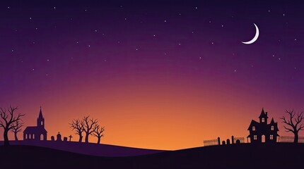 Fototapeta premium A spooky halloween landscape featuring a dark silhouette of a haunted house and a graveyard under a crescent moon