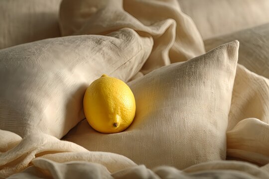 Fresh Yellow Lemon Nestled in Natural Linen Fabric