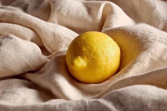 Fresh Yellow Lemon Nestled in Natural Linen Fabric