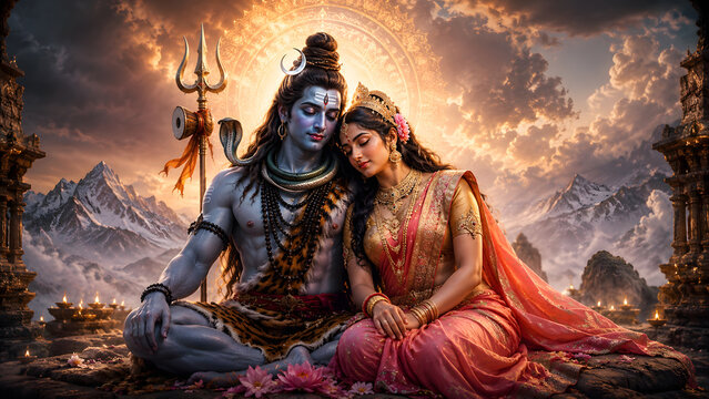Divine Union of Lord Shiva and Goddess Parvati in Himalayan Mountains with Trishula at Sunset