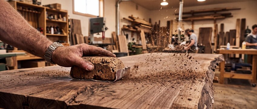 Woodworker sanding live edge wood slab surface with cork block in workshop with sawdust flying around.