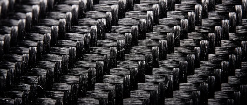 Close-up macro shot of black carbon fiber woven texture for material science and advanced composites.
