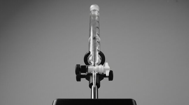 Burette laboratory glassware held by metal clamp in grayscale