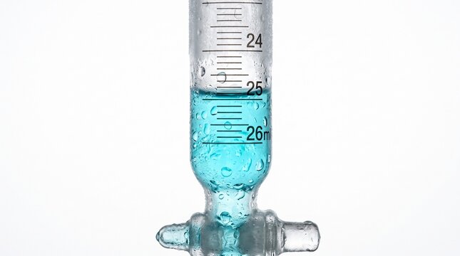 Burette glass tube with blue liquid for laboratory titration