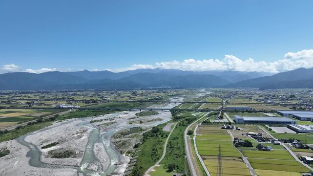 稲刈りの時期を迎えた日本の富山県にある黒部川扇状地の風景