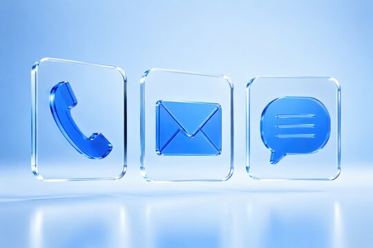 Three blue glass communication icons phone mail message on a light blue gradient background with reflections