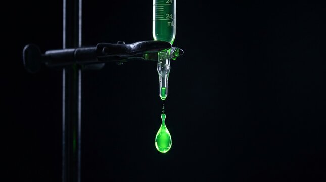Burette releasing green droplet in dark laboratory chemistry setup