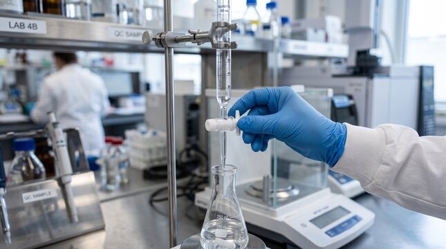 Burette used by scientist for chemical titration in laboratory