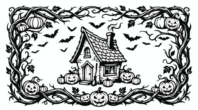 Halloween Vintage Halloween border set, spooky haunted house illustration, vintage black and white jack-o-lantern pumpkins and bats, comic coloring page outline png