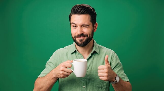 Young bearded man winks and holds a coffee mug with a thumbs up gesture
