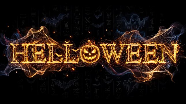 Halloween text made of fire and smoke with a glowing pumpkin face on black background