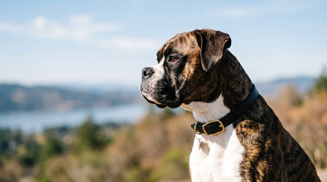 A brindle boxer dog wearing a collar gazes thoughtfully into the distance