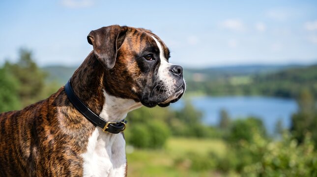 A brindle boxer dog wearing a collar gazes into the distance with a scenic backdrop