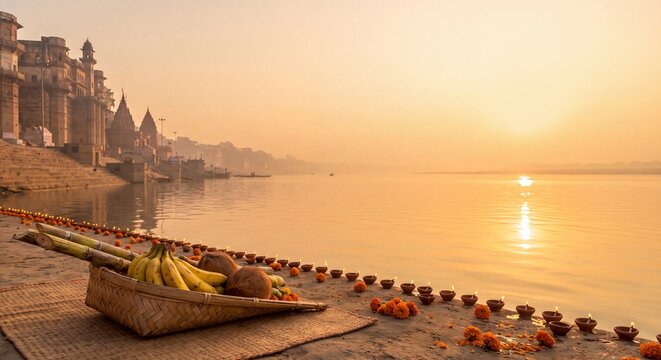 Chhath Puja Bamboo Soop and Sunrise River Ghat Background