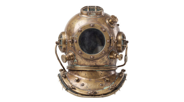 Vintage brass diving helmet, antique nautical scuba gear on white background, weathered copper deep sea diver equipment