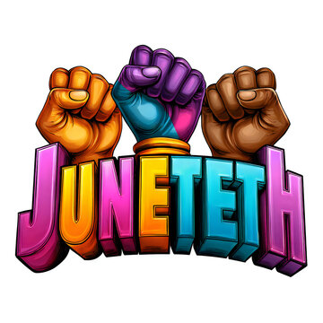 Juneteenth commemorative graphic with fists and 3D colorful text
