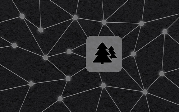 Abstrakte Grafik mit einem Netzwerkknoten als Tannenwald-Symbol, Konzept f&uuml;r globale Forstwirtschaft und digitale Umweltdaten auf strukturiertem Hintergrund.
