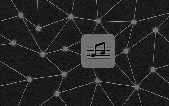 Abstrakte Grafik mit musikalischem Notensymbol und vernetzten Knotenpunkten auf dunkler Textur f&uuml;r Medien, digitale Vernetzung, Sound-Design und Audiotechnologien.