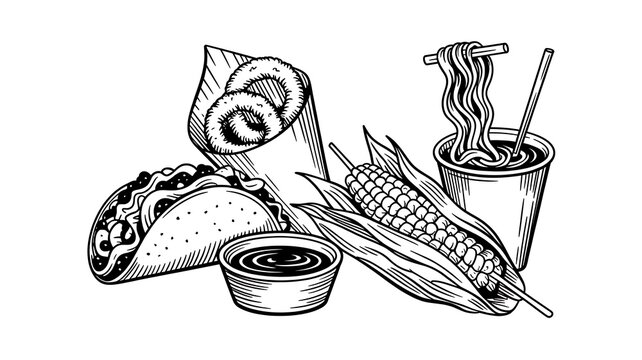 Handdrawn collection of popular street food items including tacos and noodles