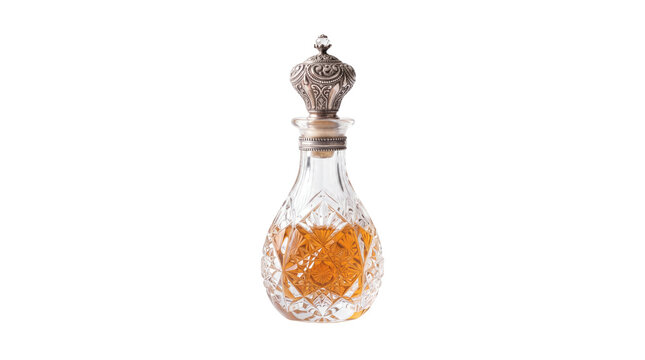 Vintage crystal decanter with amber liquid, antique glass carafe with ornate silver stopper, luxury liquor bottle on white background