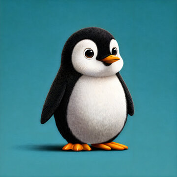 Cute little penguin character on a teal background with baby penguin