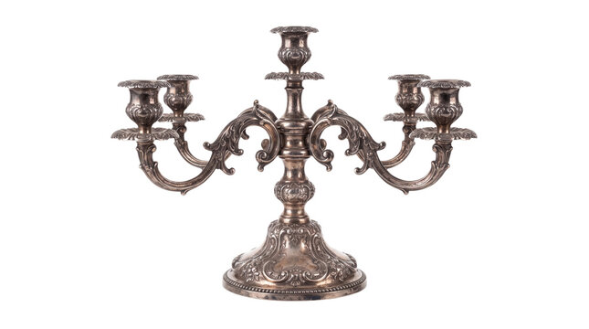 Vintage silver candelabra with five arms, ornate antique metal candle holder, elegant baroque style candelabrum on white background