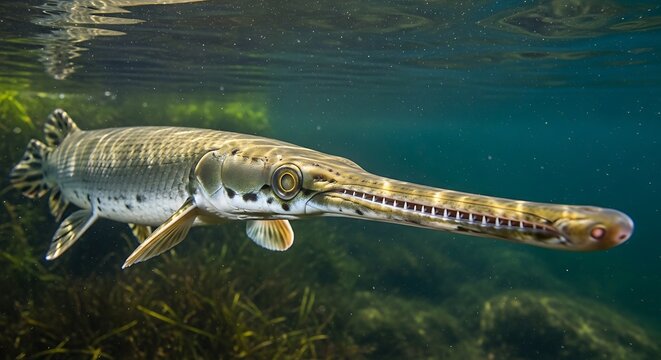 Alligator gar underwater close up portrait