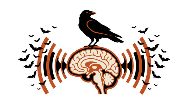 Raven Crow Brain Telepathy Waves Mind Bats Psychic Gothic Horror Dark Sound Radio Spooky Vector Illustration