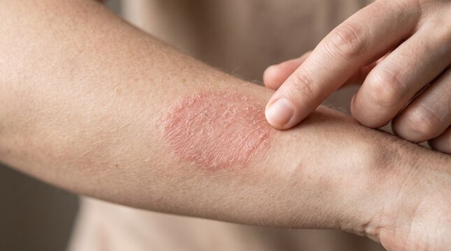 Close up shot showing a person pointing at a large red scaly patch of dry skin on their forearm indicating a potential dermatological health issue today