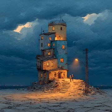 Isolated Tower with Glowing Windows in Snowy Landscape