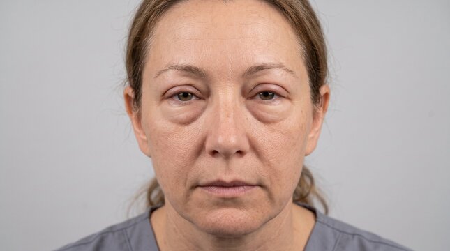 Edema on mature woman face showing swollen eyes and puffiness
