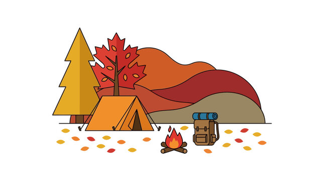 Autumn camping illustration in a flat design style, showcasing a cozy tent, warm campfire, backpack, and vibrant fall trees amidst rolling hills, ideal for nature lovers