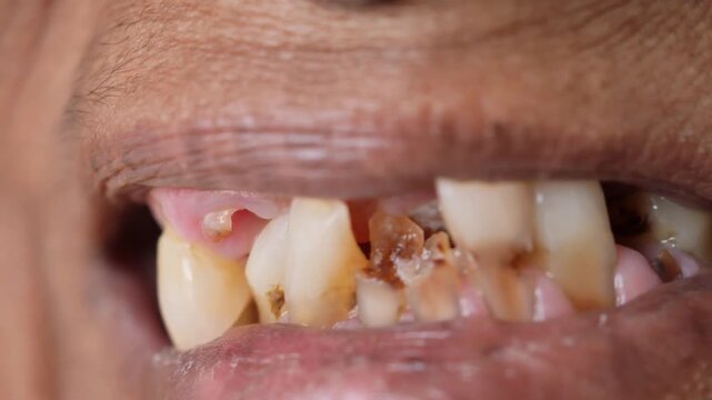 A close up view of an old person's mouth with very bad dental hygiene and rotted teeth
