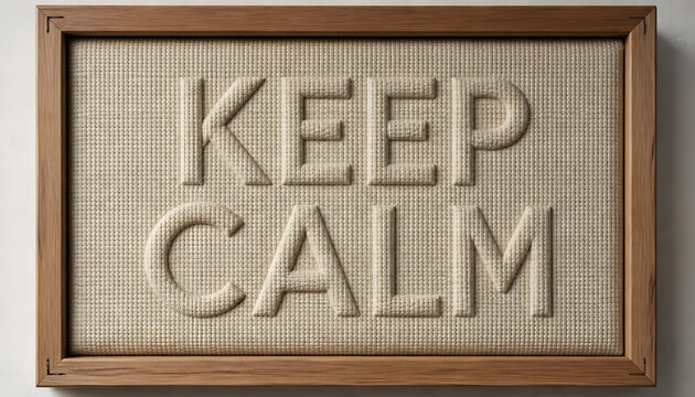 Embossed fabric canvas framed sign with Keep Calm text in neutral beige colors