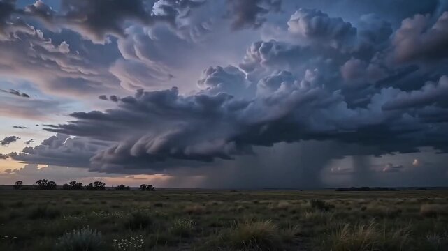 Severe thunderstorm rolling across vast prairie landscape with dramatic mammatus clouds flashing bright lightning video footage