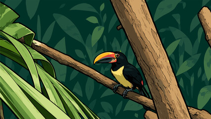Obraz premium Cartoon Toucan Bird Illustration on Branch in Tropical Jungle