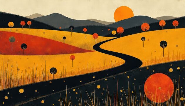 Abstract landscape background, texture with rolling, hills and a, winding dark road