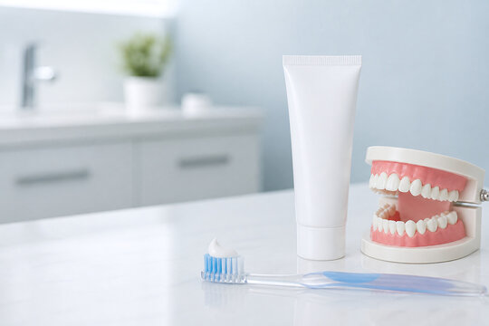 Advertising Copy Space of Fluoride Toothpaste and Cavity Prevention Supplies in a Bright Modern Dental Clinic