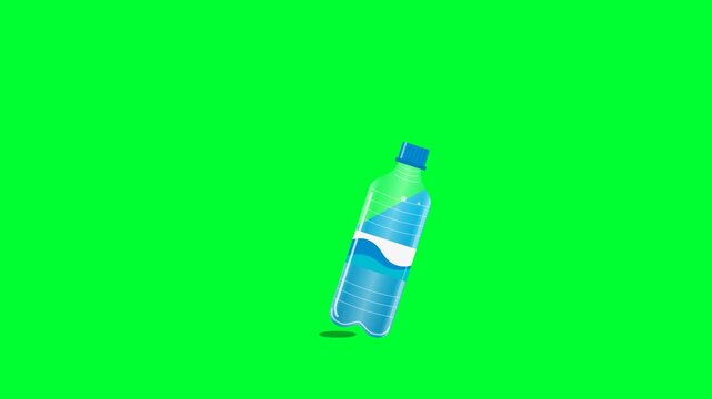 Animation of a blue plastic water bottle falling and settling on a bright green background