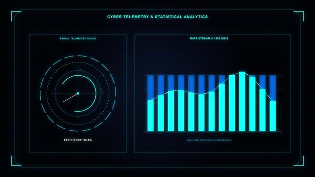 Futuristic HUD interface displaying statistics graphs and radar charts in cyan blue neon, cyber technology concept motion graphic