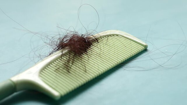 Close up of lost hair on green comb, hair loss problem, baldness, and health issues concept, motion footage