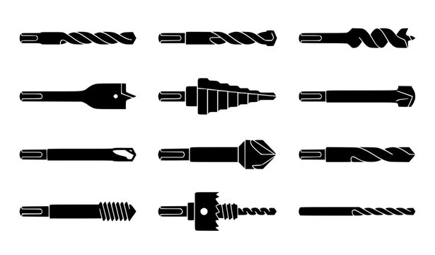 Professional drill bit silhouette set with woodworking masonry metal and precision tool icons